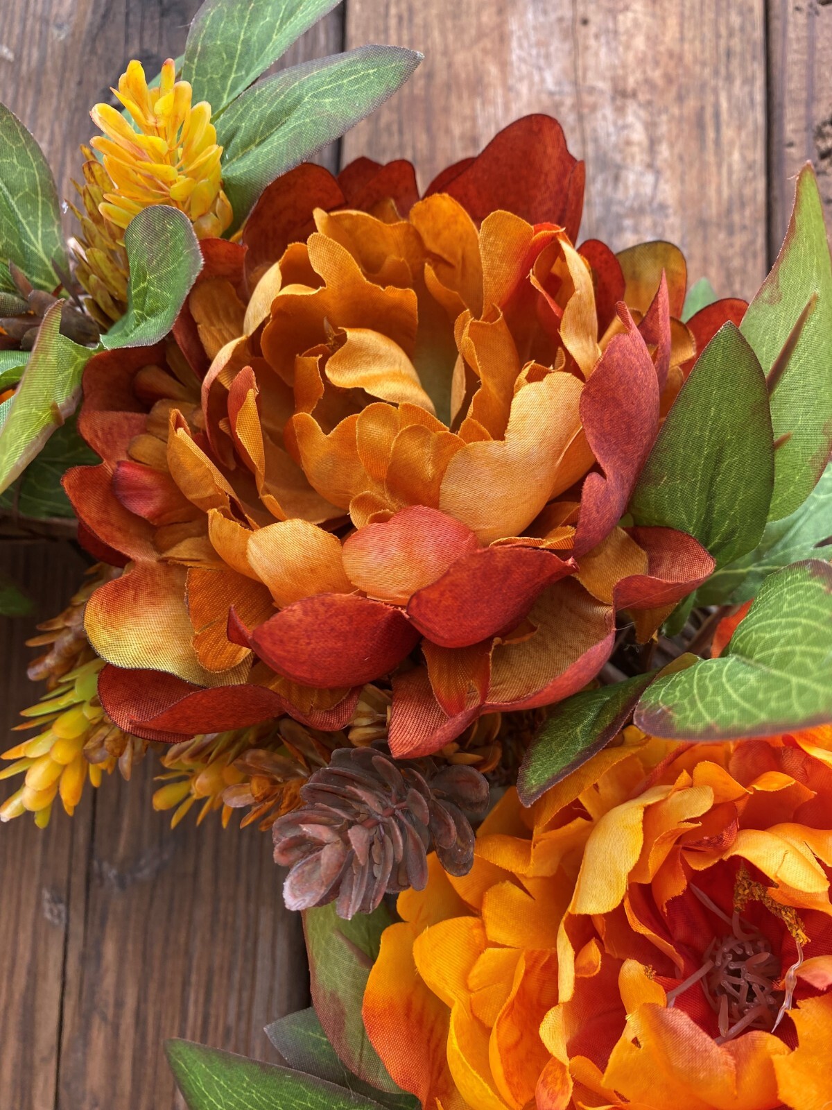 Autumn colored Floral Wreath, 18″ base measuring 20-24″. Free Shipping.