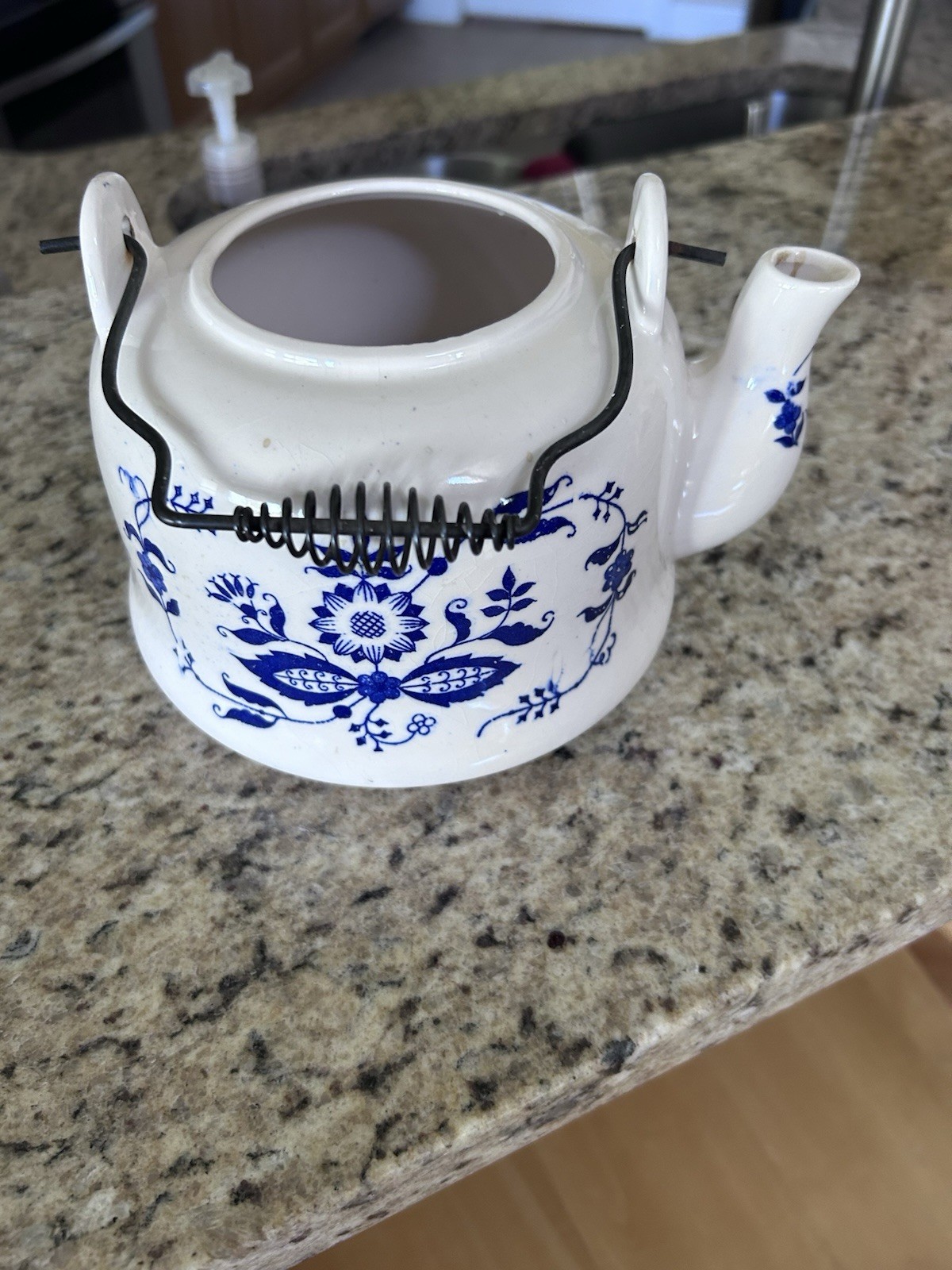 Blue And White Flower Teapot Metal Handle No Lid, Has Been Used As A Planter
