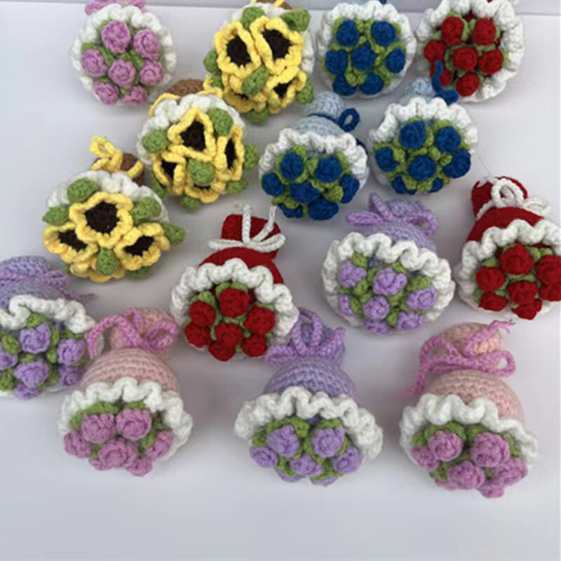 Handheld Small Bouquet Handmade Knitted Puff Flower Crochet Party Decors Gift