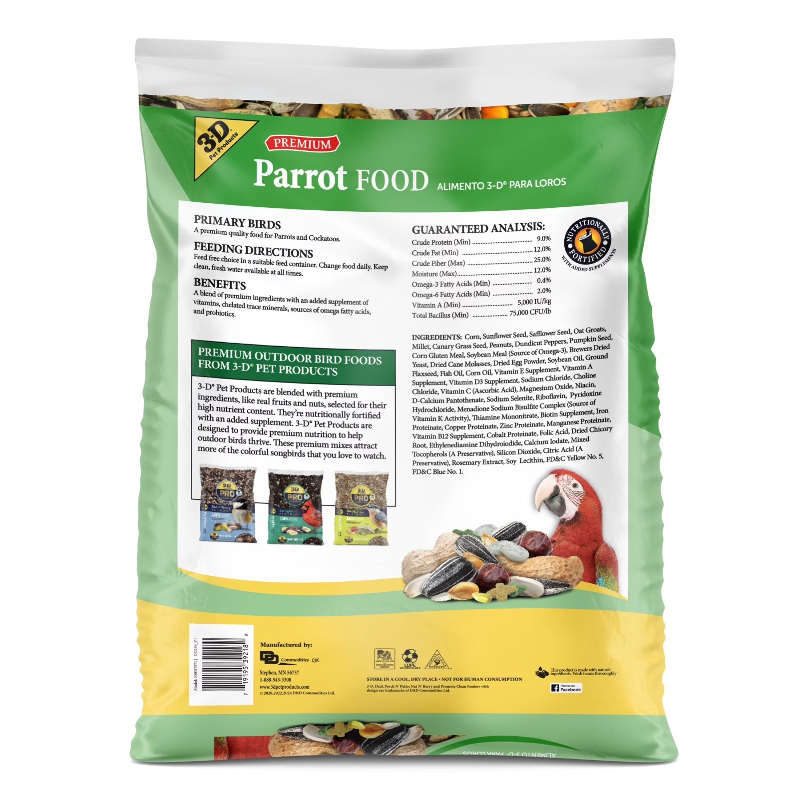 3-Pack 3-D Pet Products Premium Parrot Bird Food Seeds 8 lb