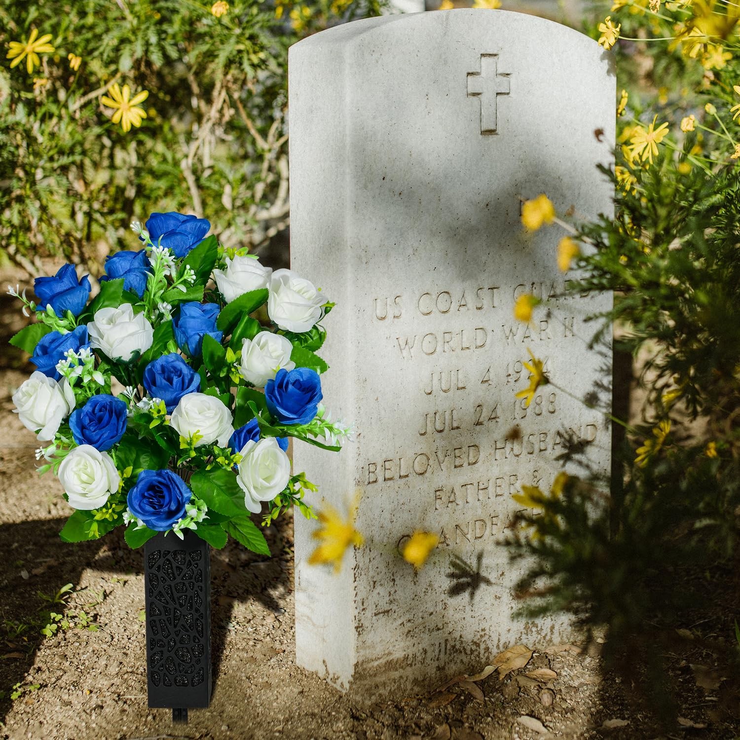 2 PCS Cemetery Grave Memorial Flowers Dark Blue White Rose Bouquet With Vase