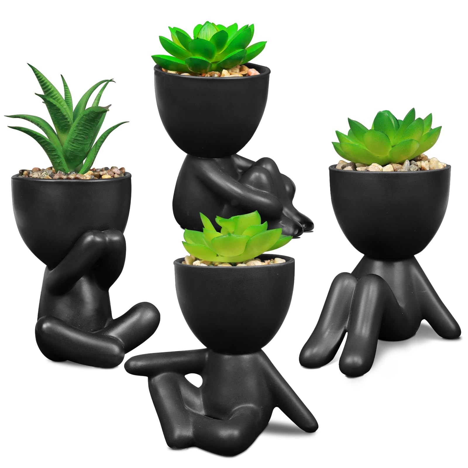 4 PCS Black Cute Fake Artificial Succulent Plants Human Shaped Pots Desk Decor