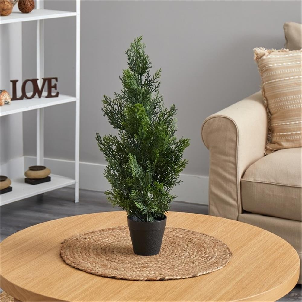 Pemberly Row Indoor/Outdoor 24″ Mini Cedar Pine Tree in Green/Black