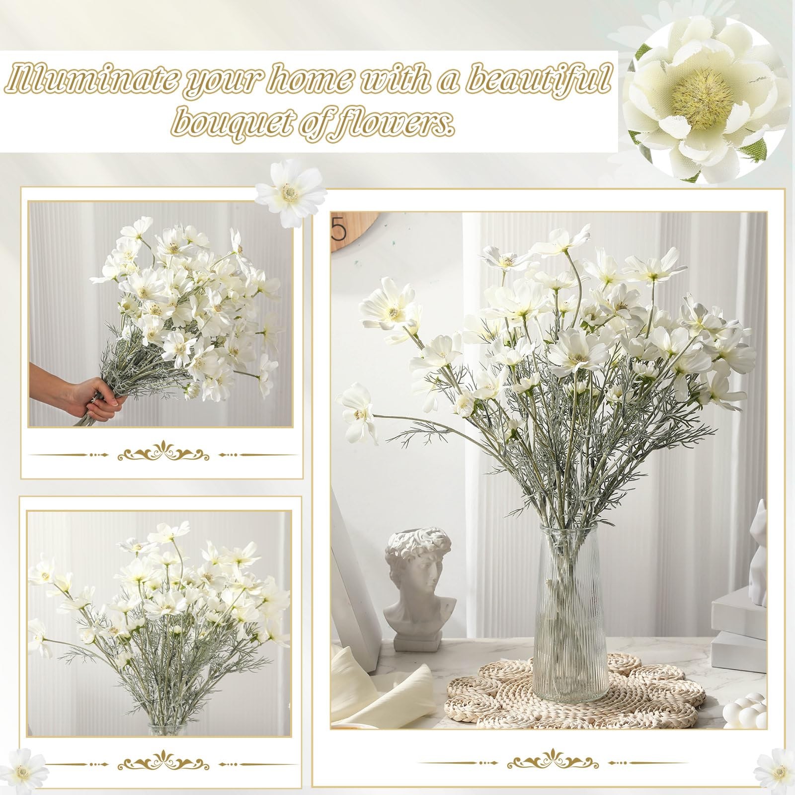 12 Pcs White Cosmos Artificial Flower 23.6” Wedding Realistic Touch Silk Fak…