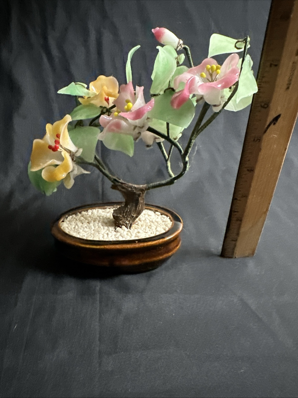 Vintage Chinese Jade Glass Bonsai Handcrafted Flower Tree 8”