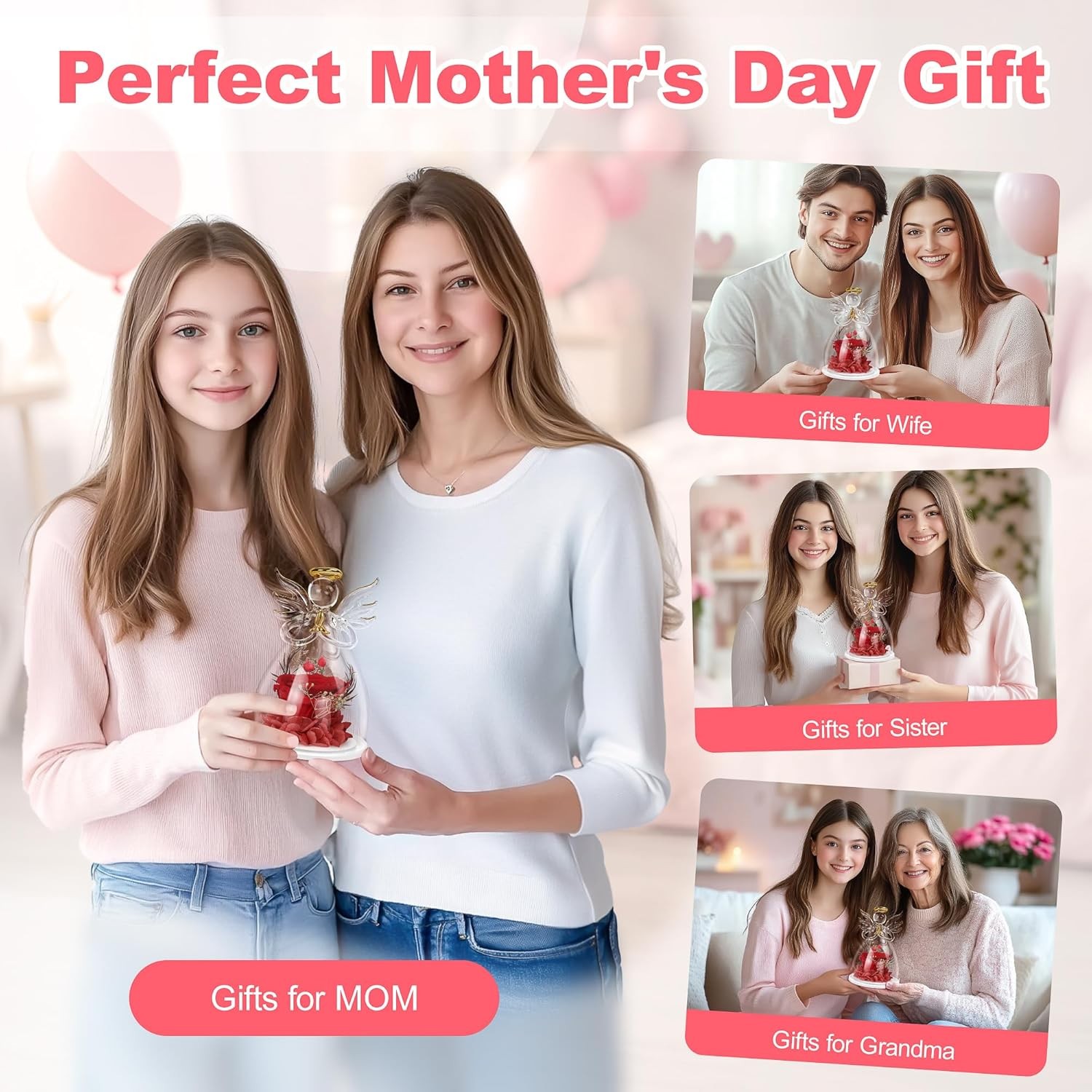 Preserved Flower Rose in Glass Angel Figurines,Mothers Day Gifts for Red