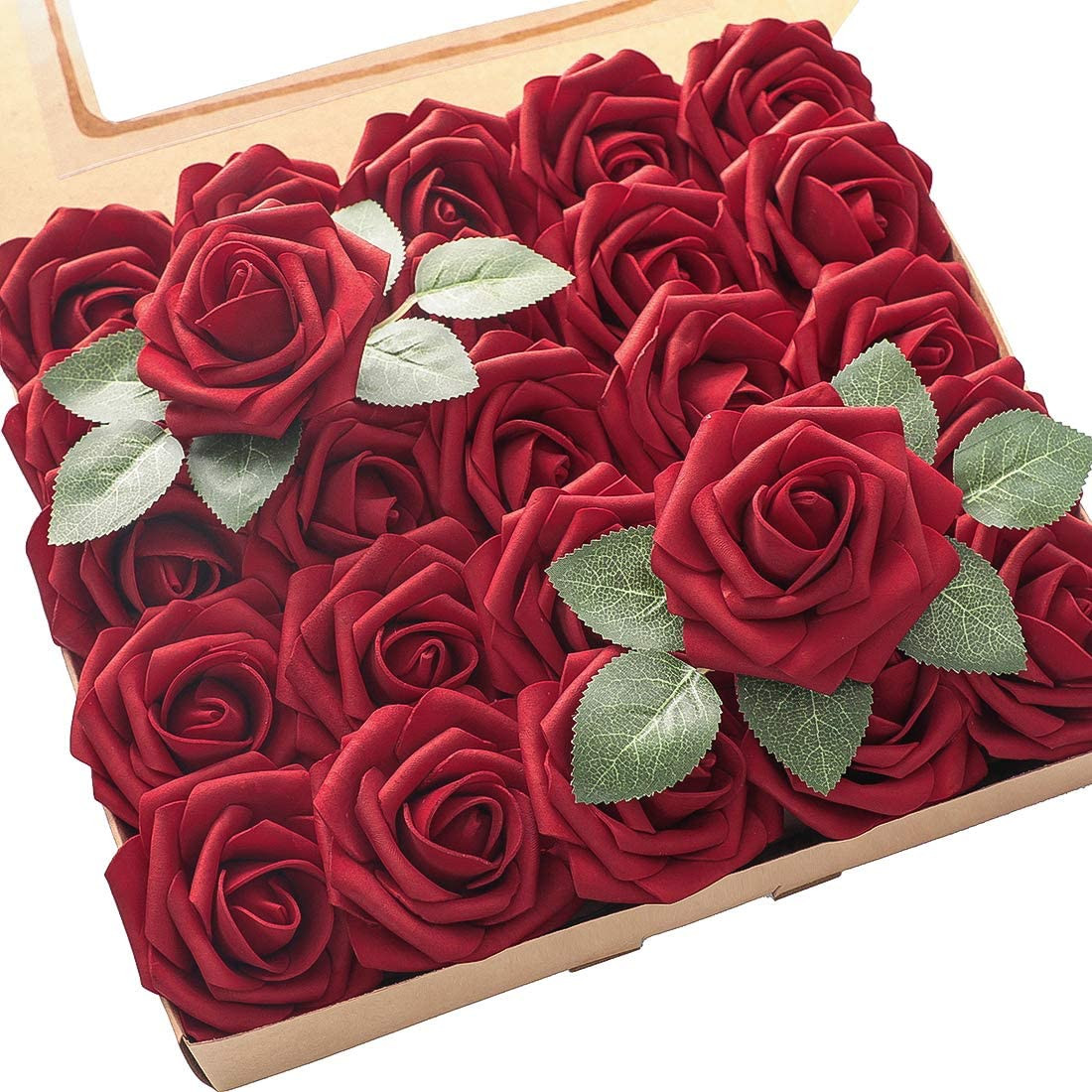 Artificial Flowers 25Pcs Real Looking Dark Red Foam Fake Roses with Stems for DI