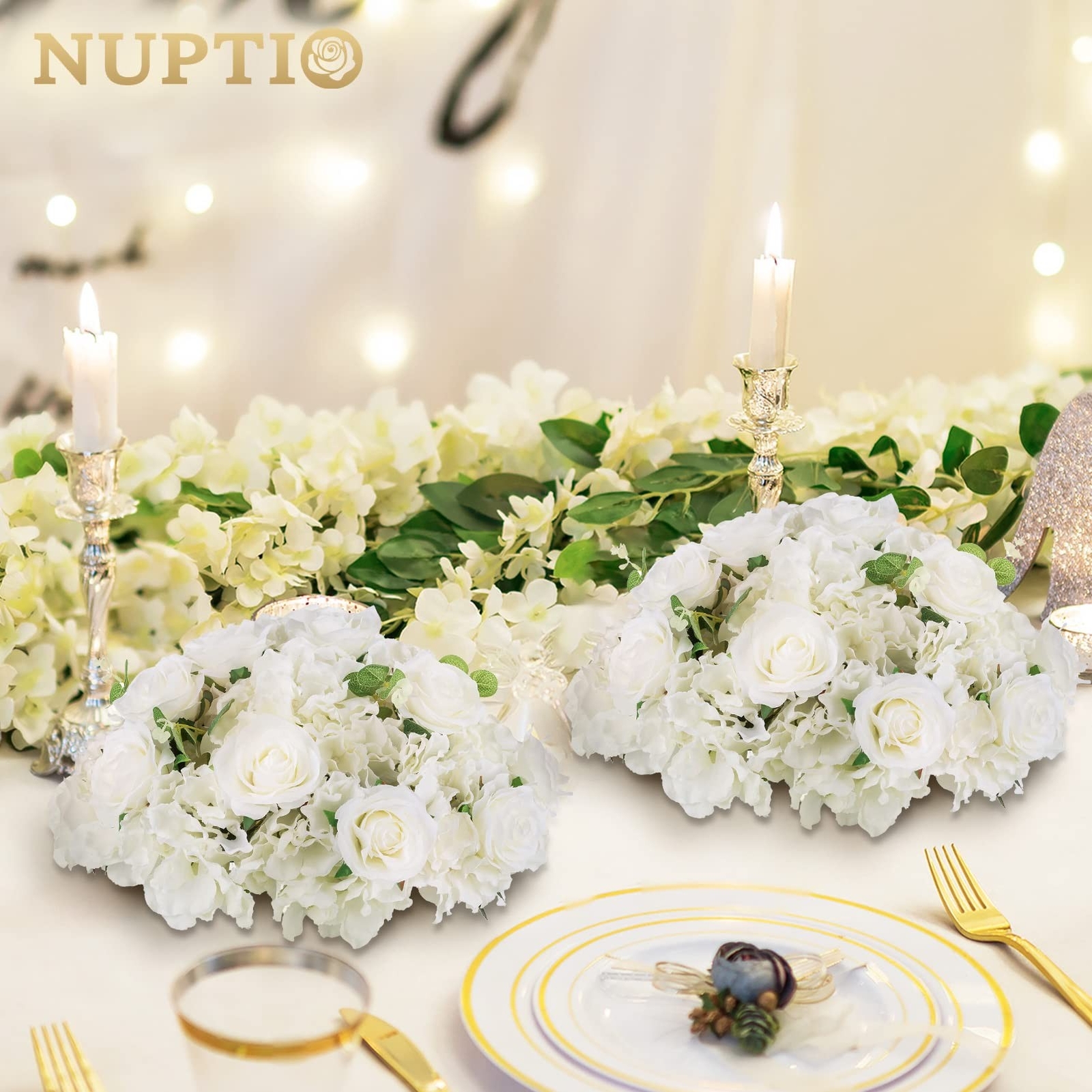 NUPTIO Flower Ball Arrangement Bouquet – 2 Pcs 15.7 inch Diameter White Fake …