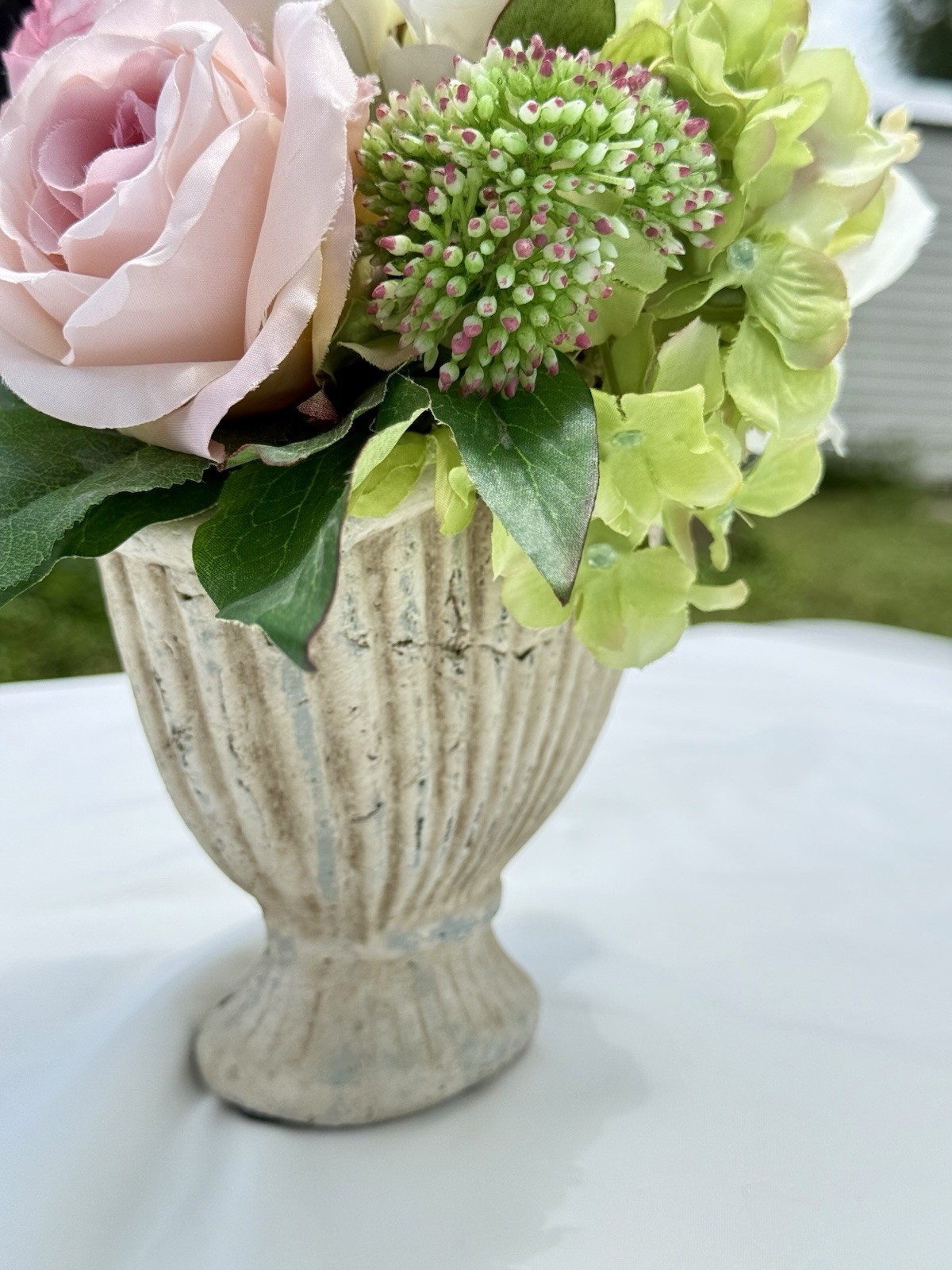Faux Flower Arrangement in Fluted Urn Vase Cottage Decor