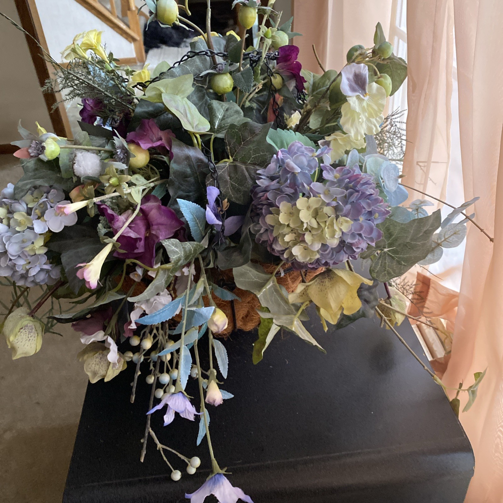 Artificial Hanging Flowers In Basket Silk Vine Plants Flower w/ Flowerpot Basket
