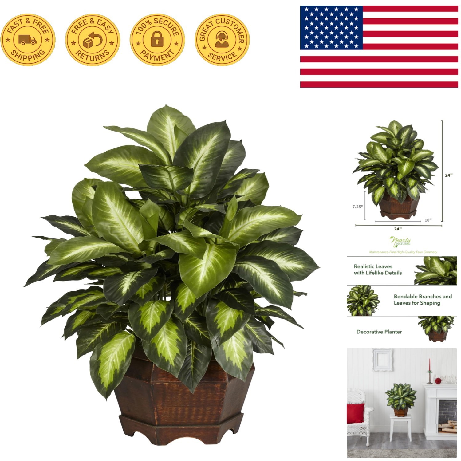 Stunning 24in Dieffenbachia Artificial Plant with Hexagon Planter for Home Decor