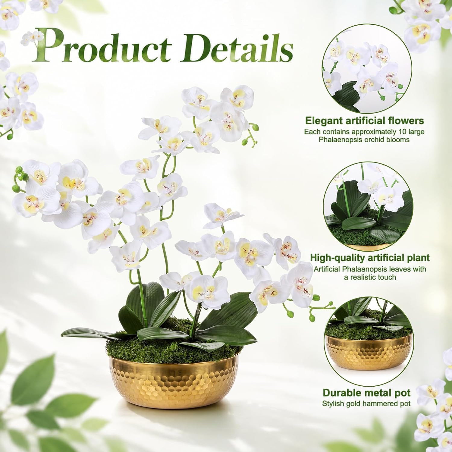 Elegant 28″ Artificial Orchids in Gold Vase – Faux Phalaenopsis Centerpiece