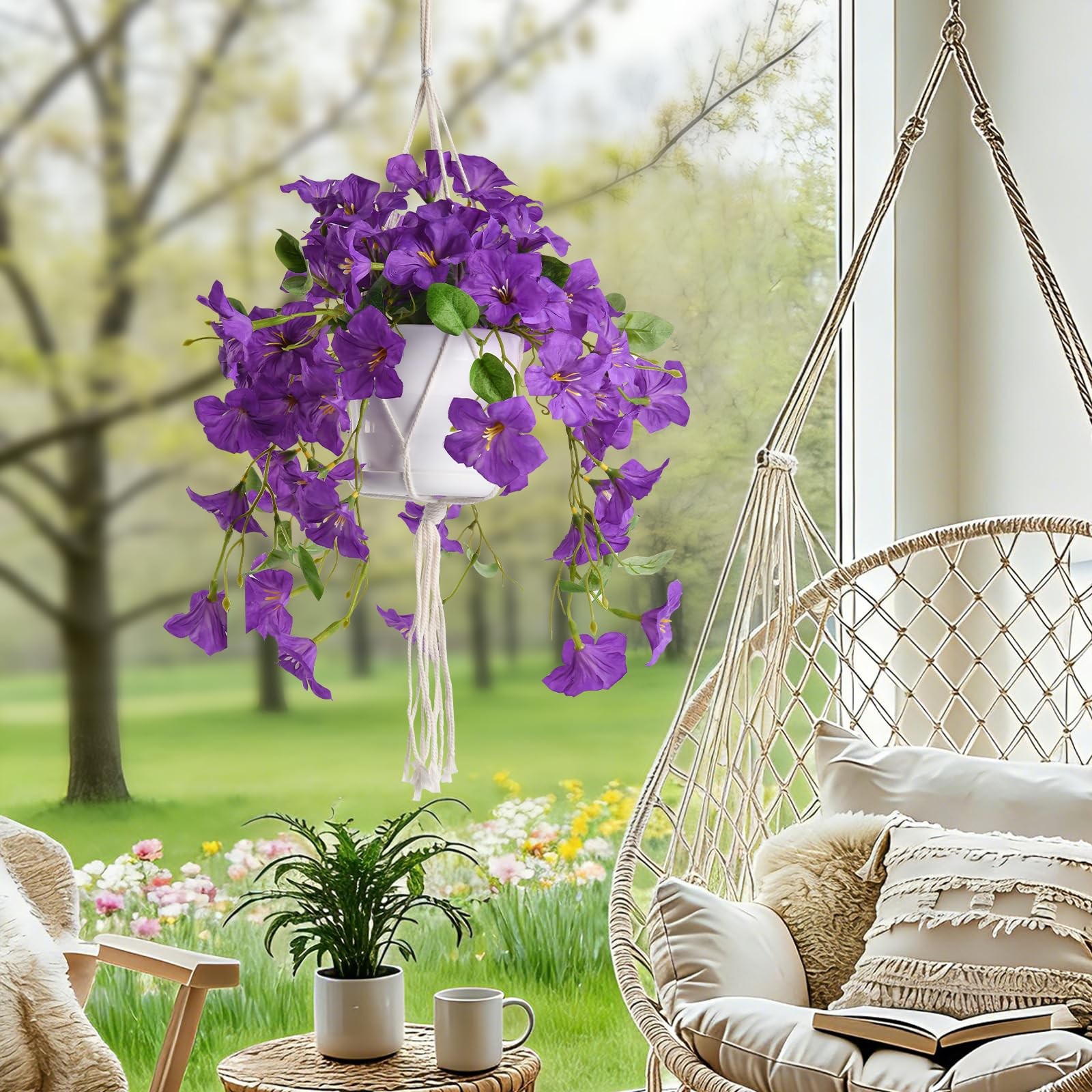 Artificial Hanging Flowers with Basket for Outdoors, 2 Pack UV Resistant Fake…