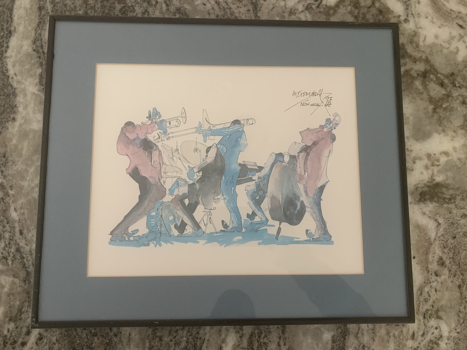Jazz Picture signed Leo Meiersdorff 1976 New Orleans watercolor Print Framed
