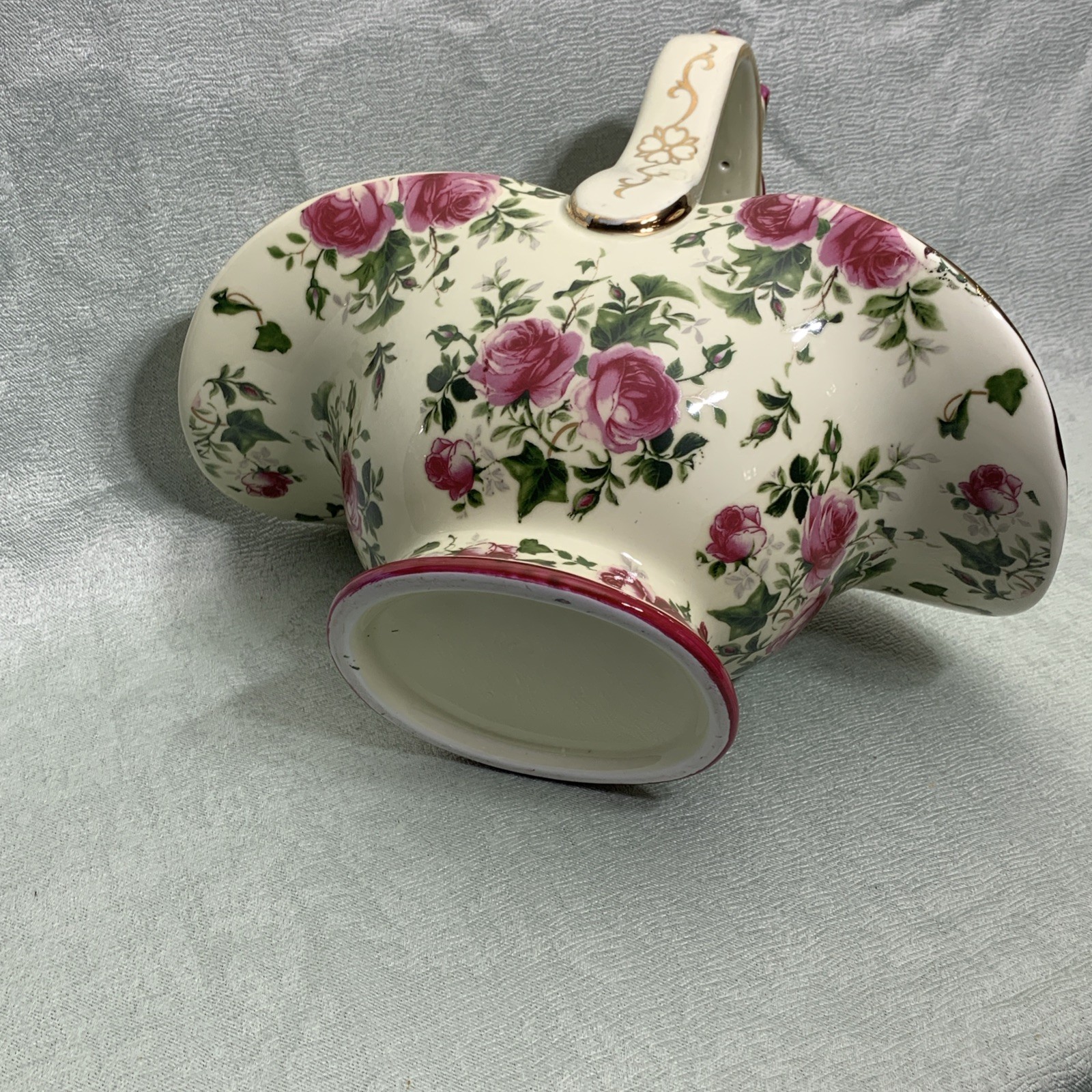 Beautiful Floral Pink Rose And Gold Trimmed Porcelain Basket 11” X 11”X6”