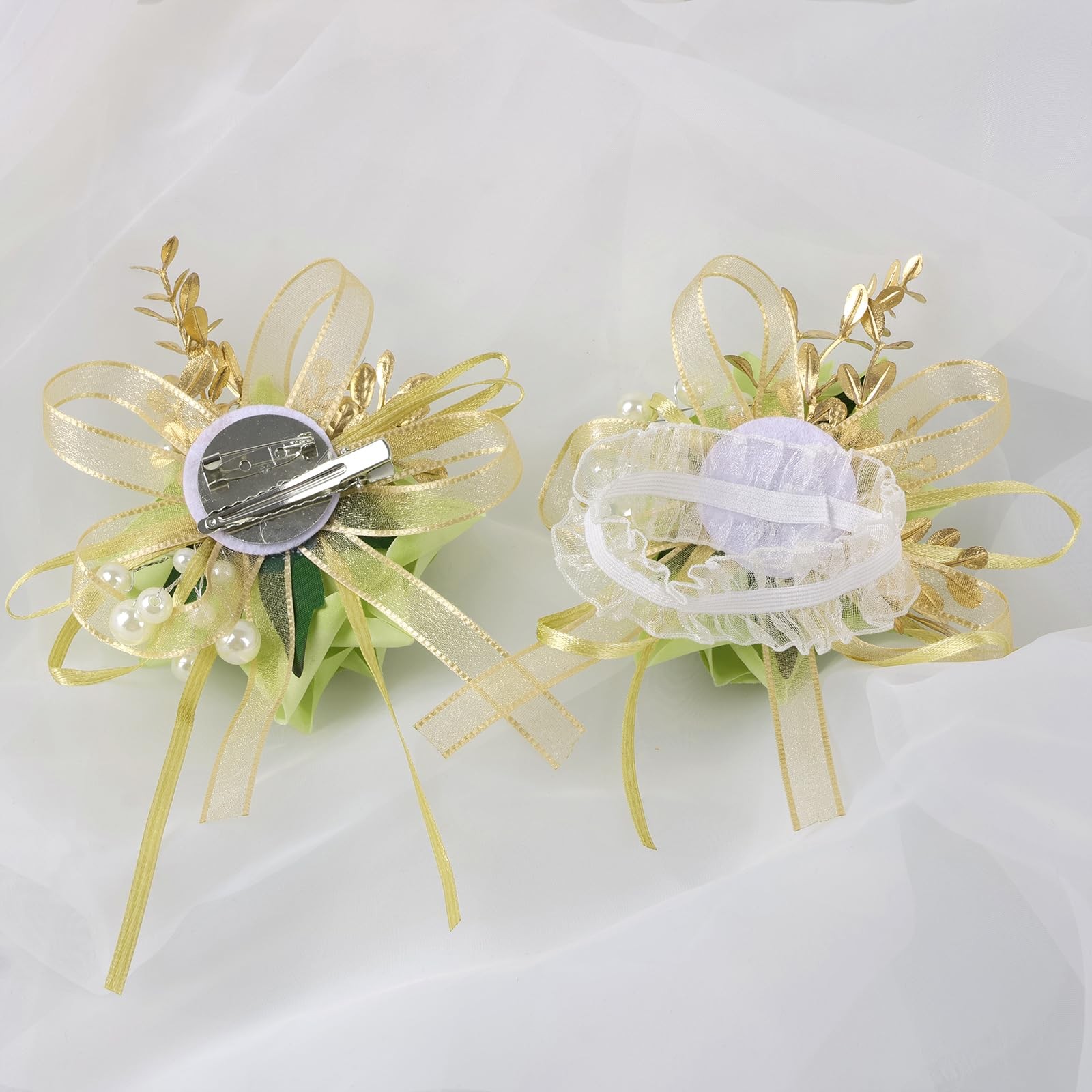 2 PCS Light Green Wrist Corsage Boutonniere Set Artificial Flowers Prom Wed