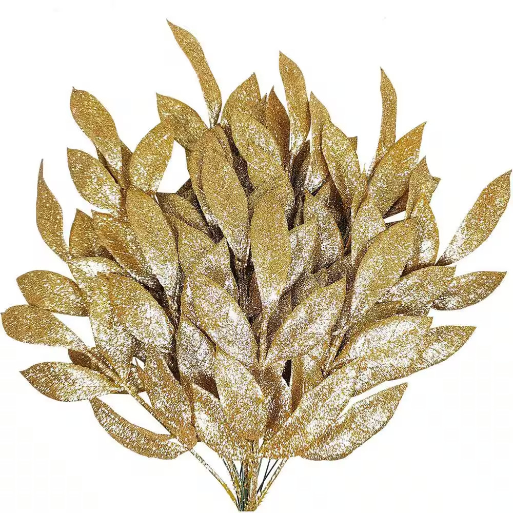 12 In. Gold Glitter Artificial Leaf Spray Foliage Picks for Christmas Wedding Wr