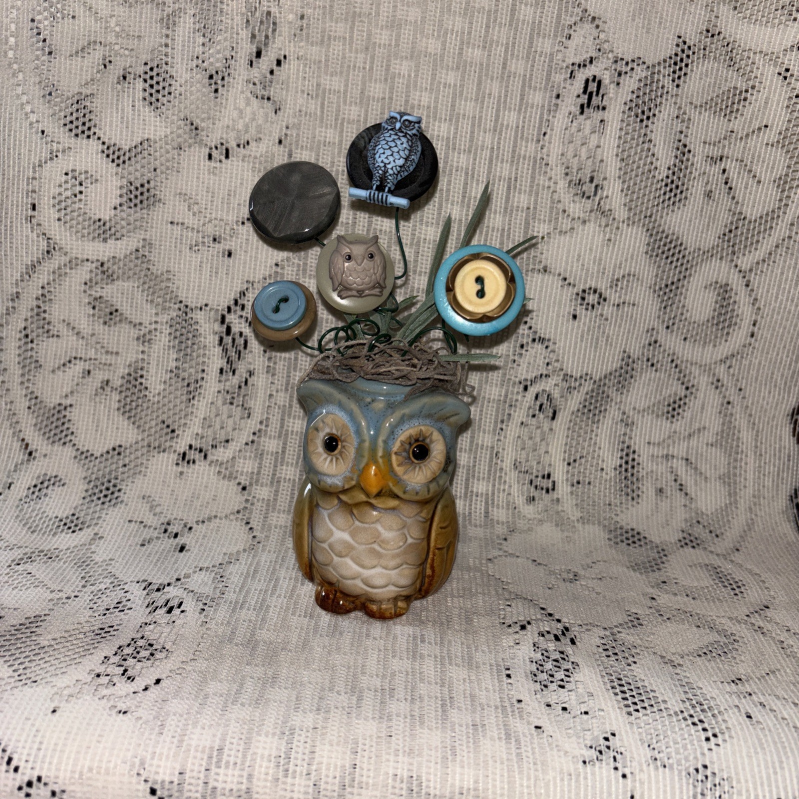 Handmade Button Bouquet Mini Ceramic Owl Vase Home Decor