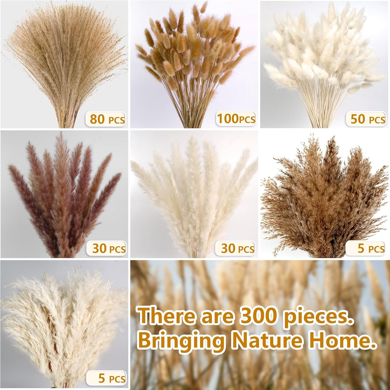 300 PCS Dried Pampas Grass Decor, Dried Flower Bouquets for Wedding, Home, Cente