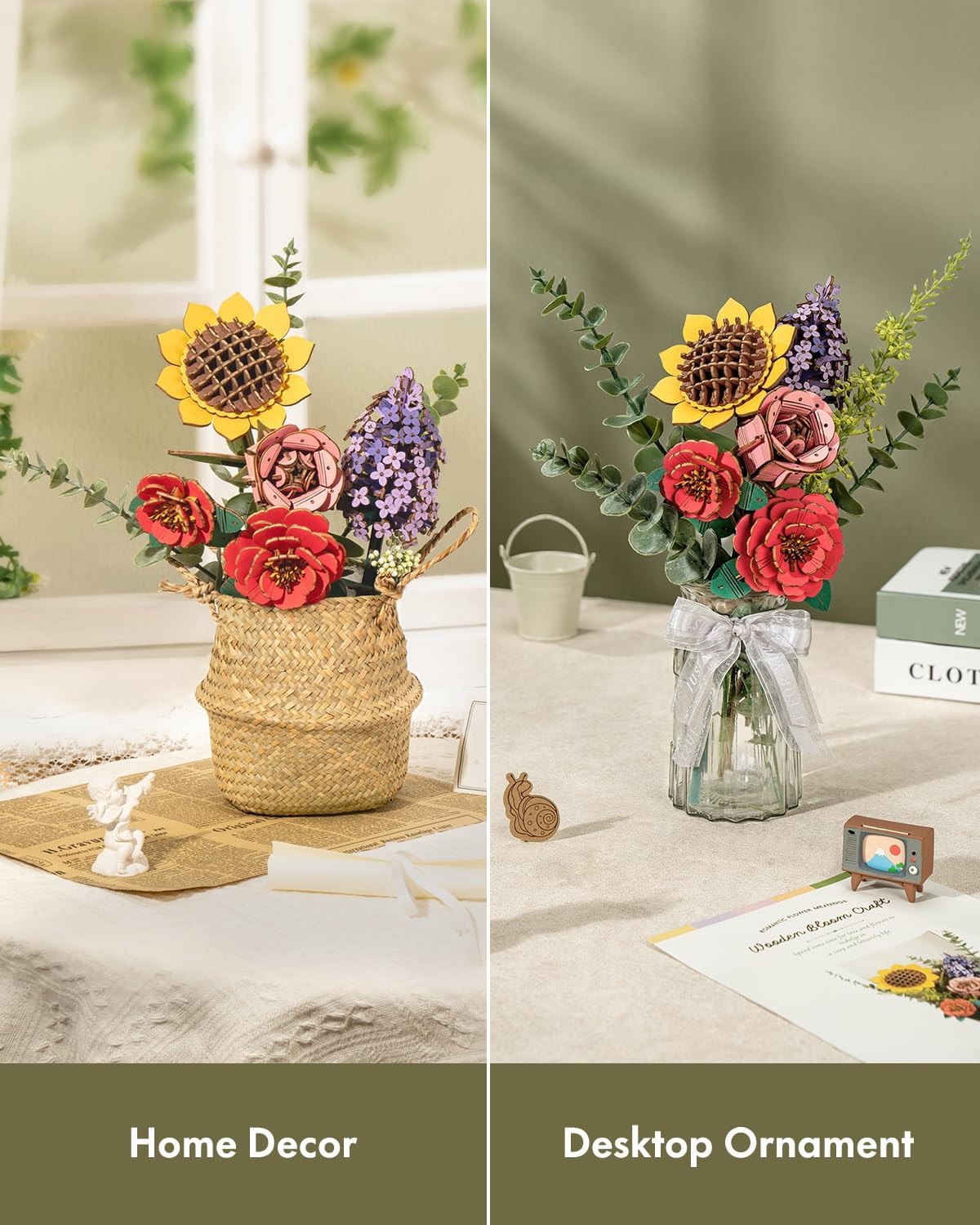 Forever Flowers Wooden Flower Bouquet Building Kit, Sunflower/Red Camellia/Pink