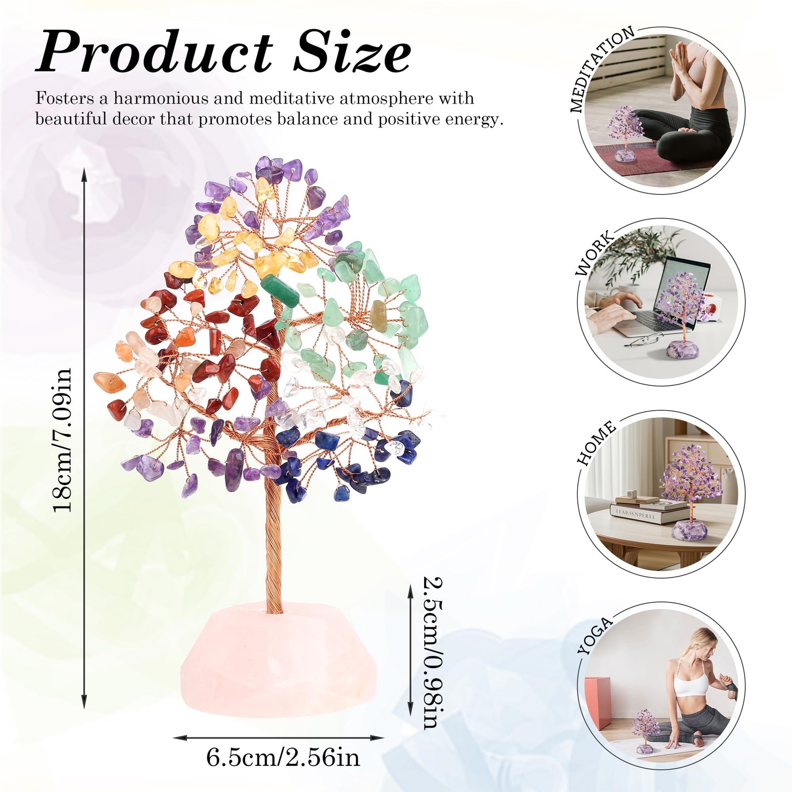 7.09 Inch 7 Chakra Crystals Healing Stones Rose Quartz Copper Wire Tree Desk