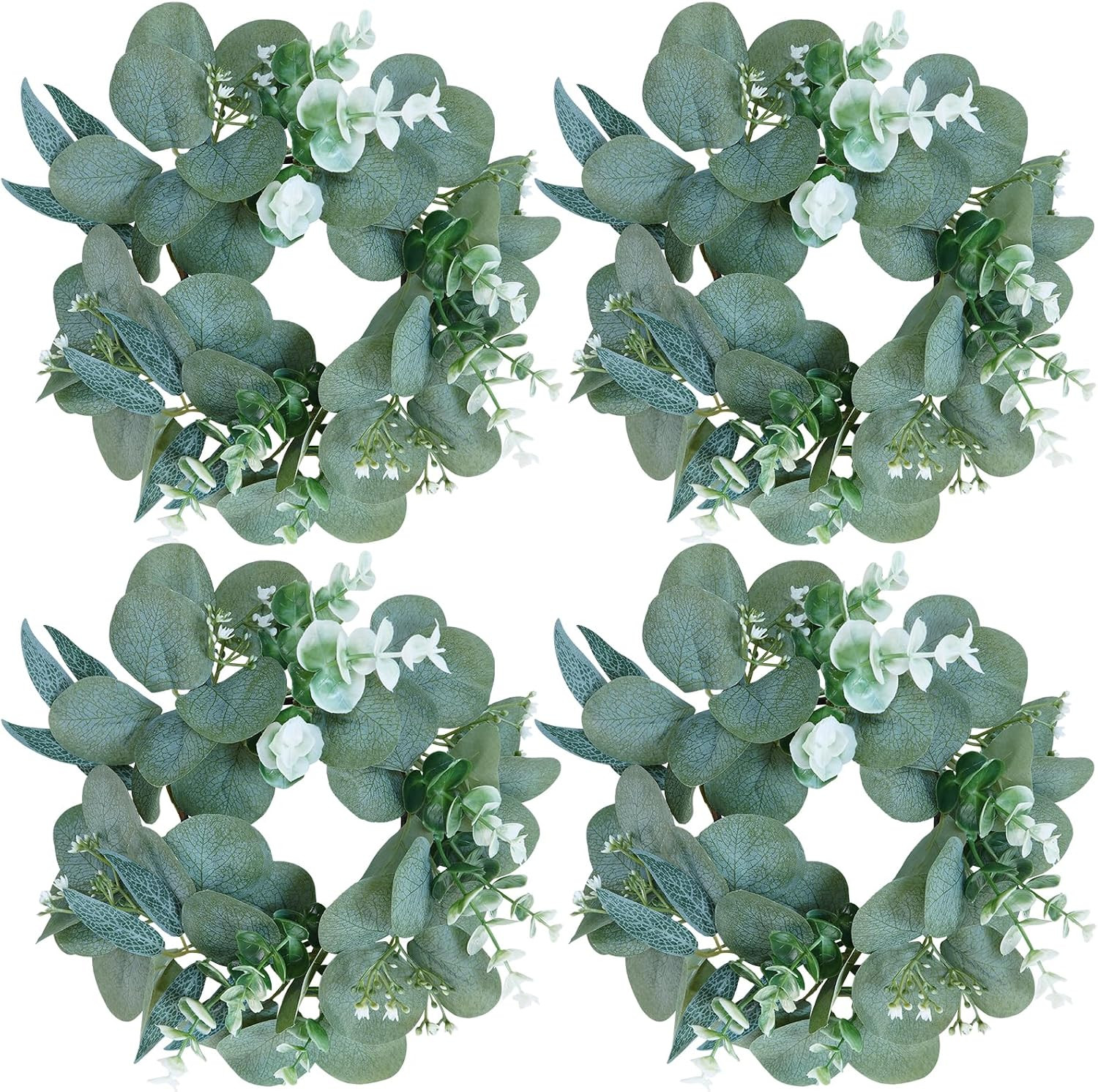 Artificial Eucalyptus Candle Rings – Set of 4 Greenery Wreaths for Holders