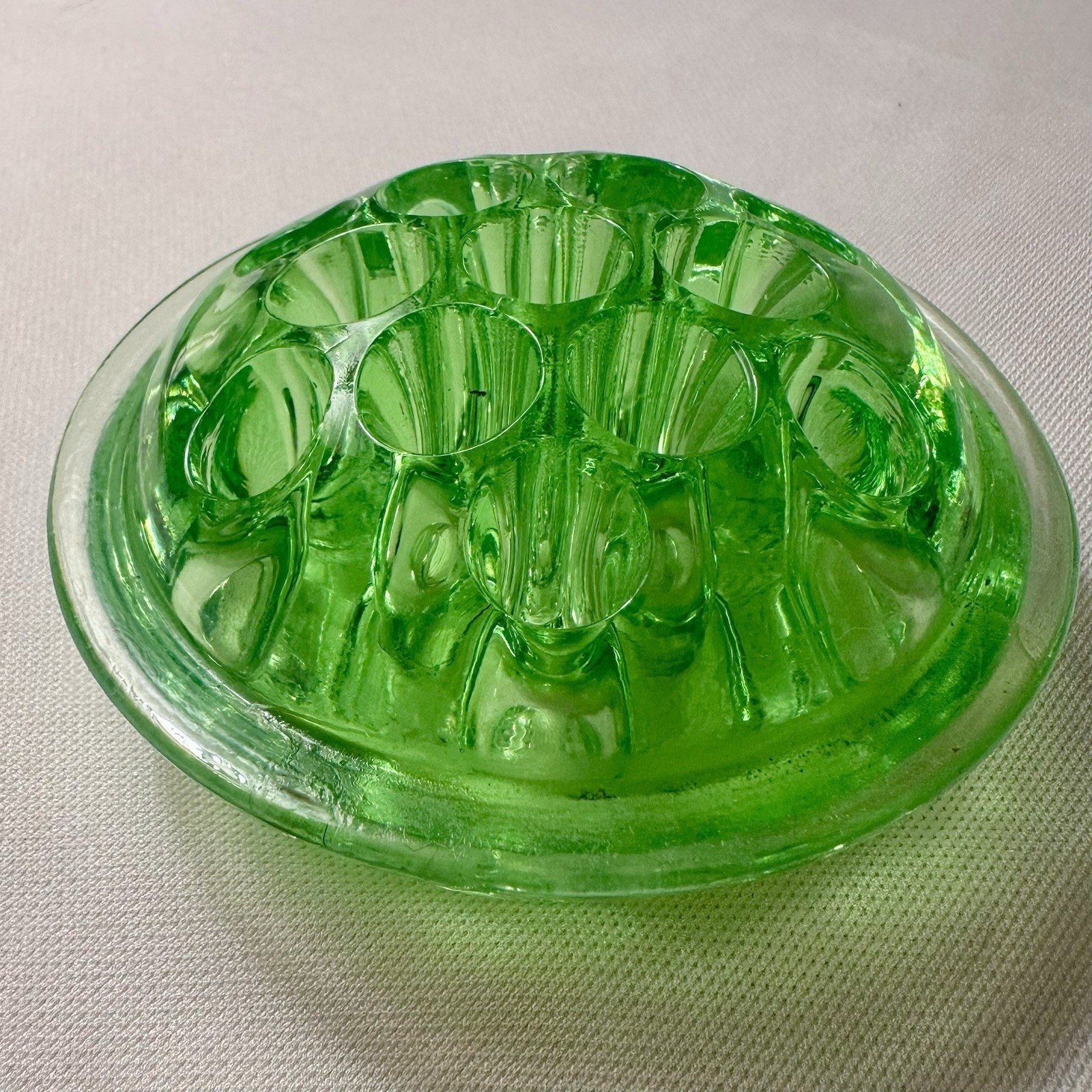 Vintage Vaseline Uranium Glass 13 holes 4 Inch Flower Frog UV Glows Green