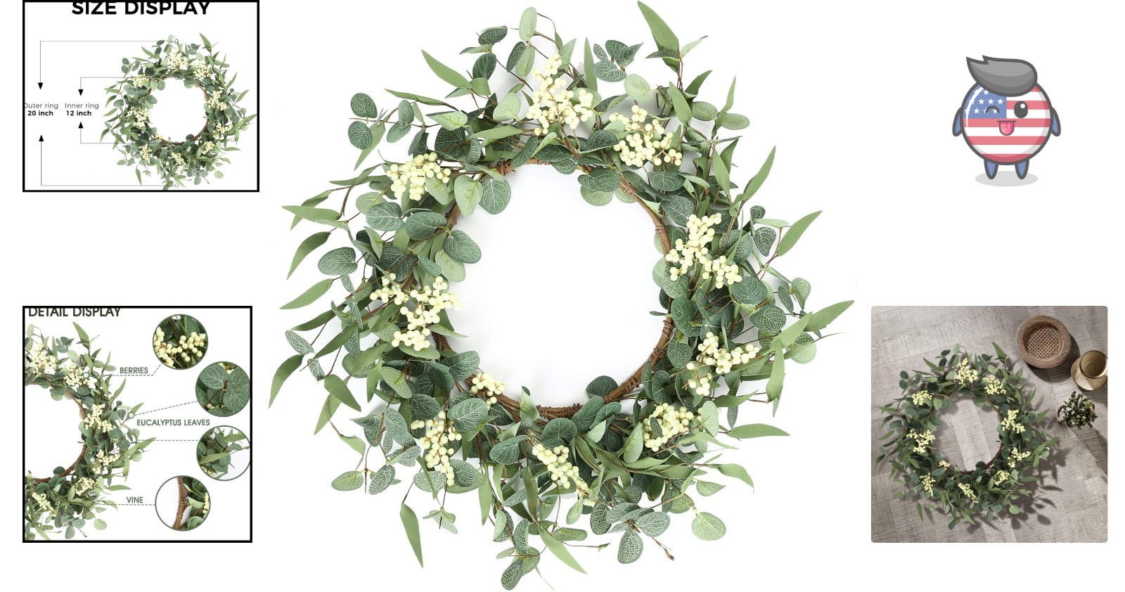 Chic 20” Eucalyptus Wreath with White Berries – Perfect for Weddings & Home