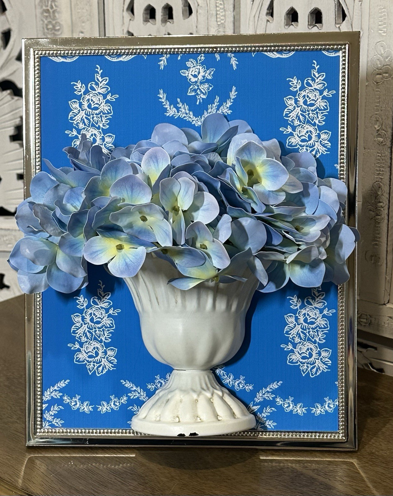 3D Artistry Handmade Blue Hydrangeas in Distressed Metal Urn Framed Florals