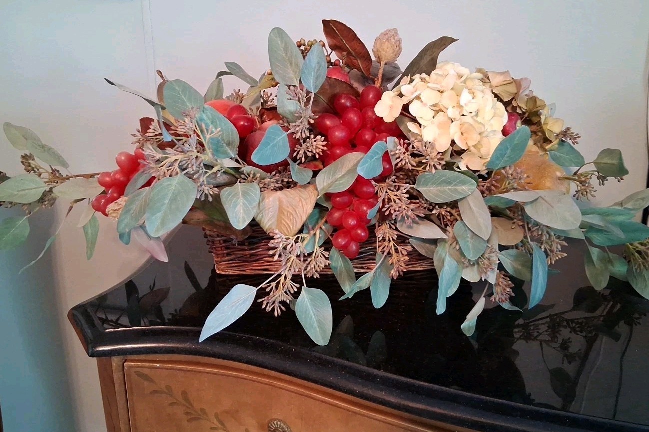 Large Vintage Faux Fruits and Flowers Centerpiece In Basket, Victorian Style