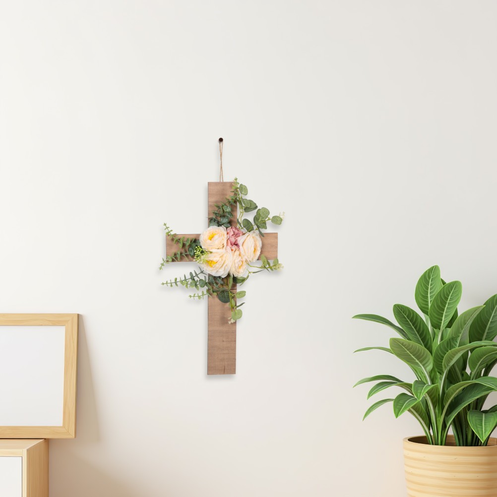 Decorative Wood Cross Wall Hanging with Beige Artificial Flowers Matte Finish
