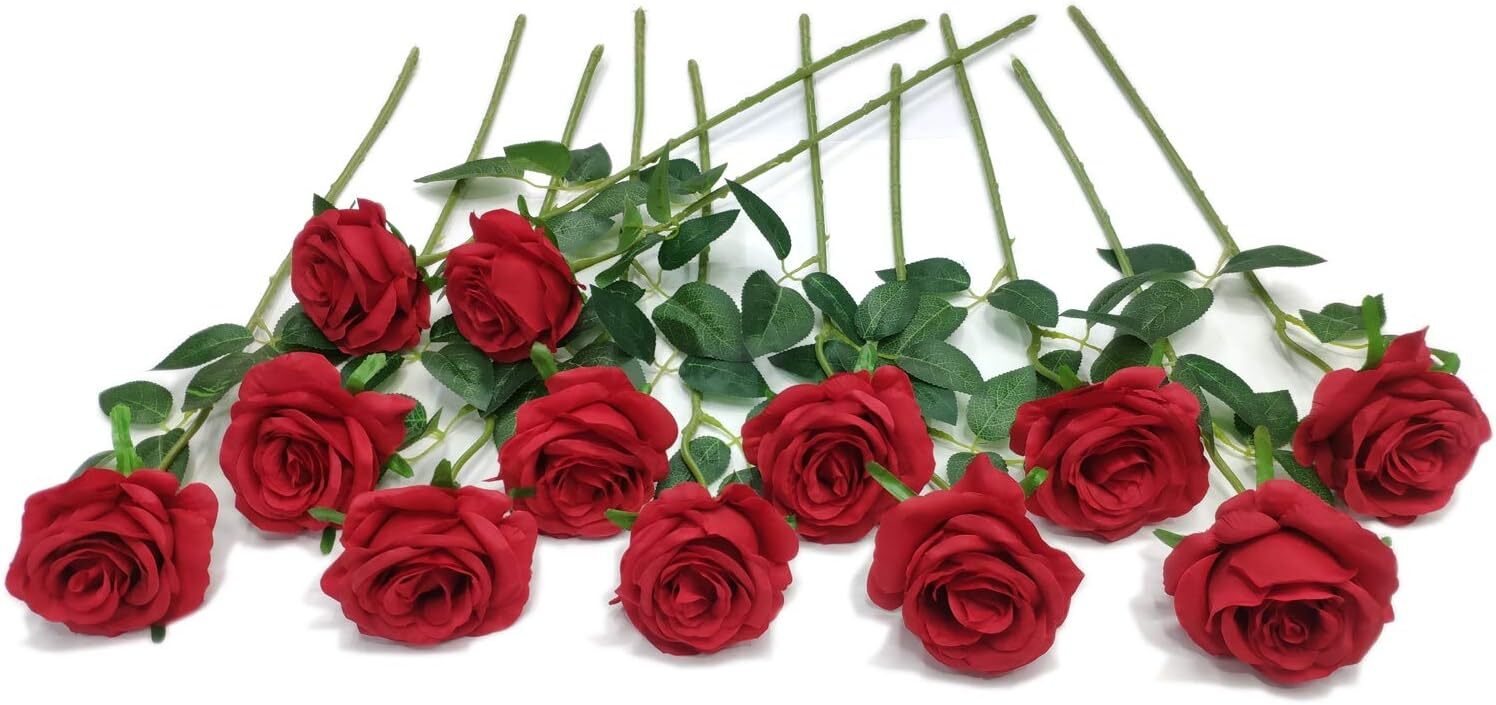 12 Pcs Artificial Red Roses Flowers Long Stem Fake Silk Rose for Home Wendding D