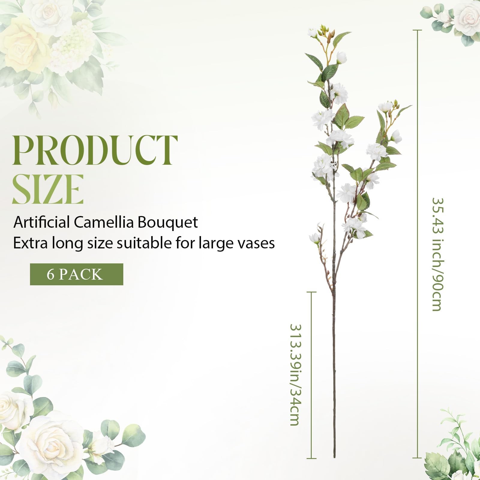 6 Pack 35″ Artificial Camellia Flowers Bouquet White Faux Camellia Plants Sim…