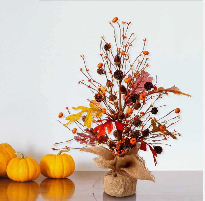20″ H Fall Harvest Pumpkins Table Tree with Burlap Base Decorative Berries