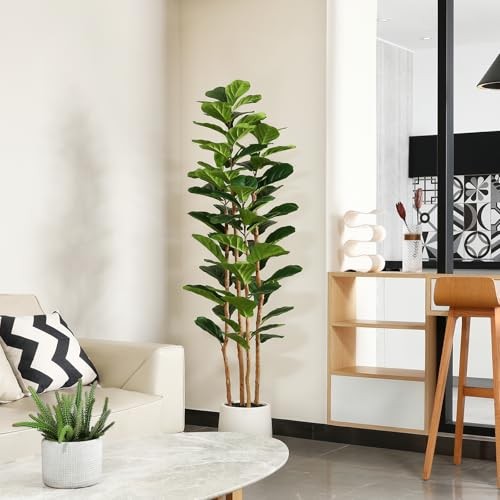 6ft Artificial Fiddle Leaf Fig Tree with White Planter 4 Wood Trunks
