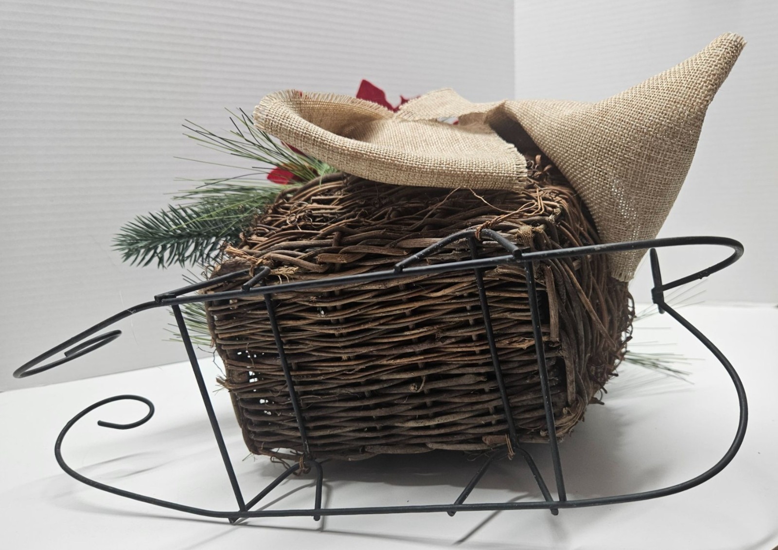 Christmas Sleigh Centerpiece Faux Cedar Pine Poinsettia Burlap Wicker 21in Metal