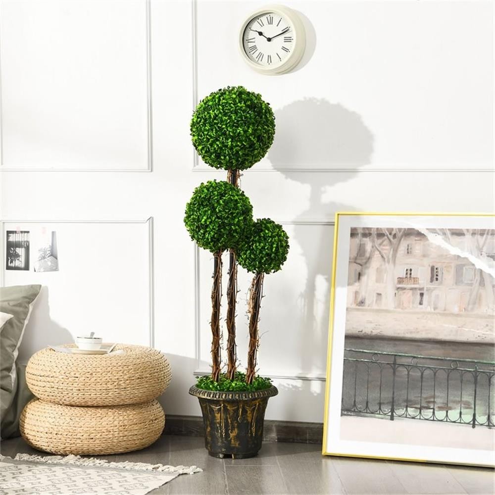 Pemberly Row Artificial Topiary Triple Ball Tree Plant w/ UV Resistant in Green