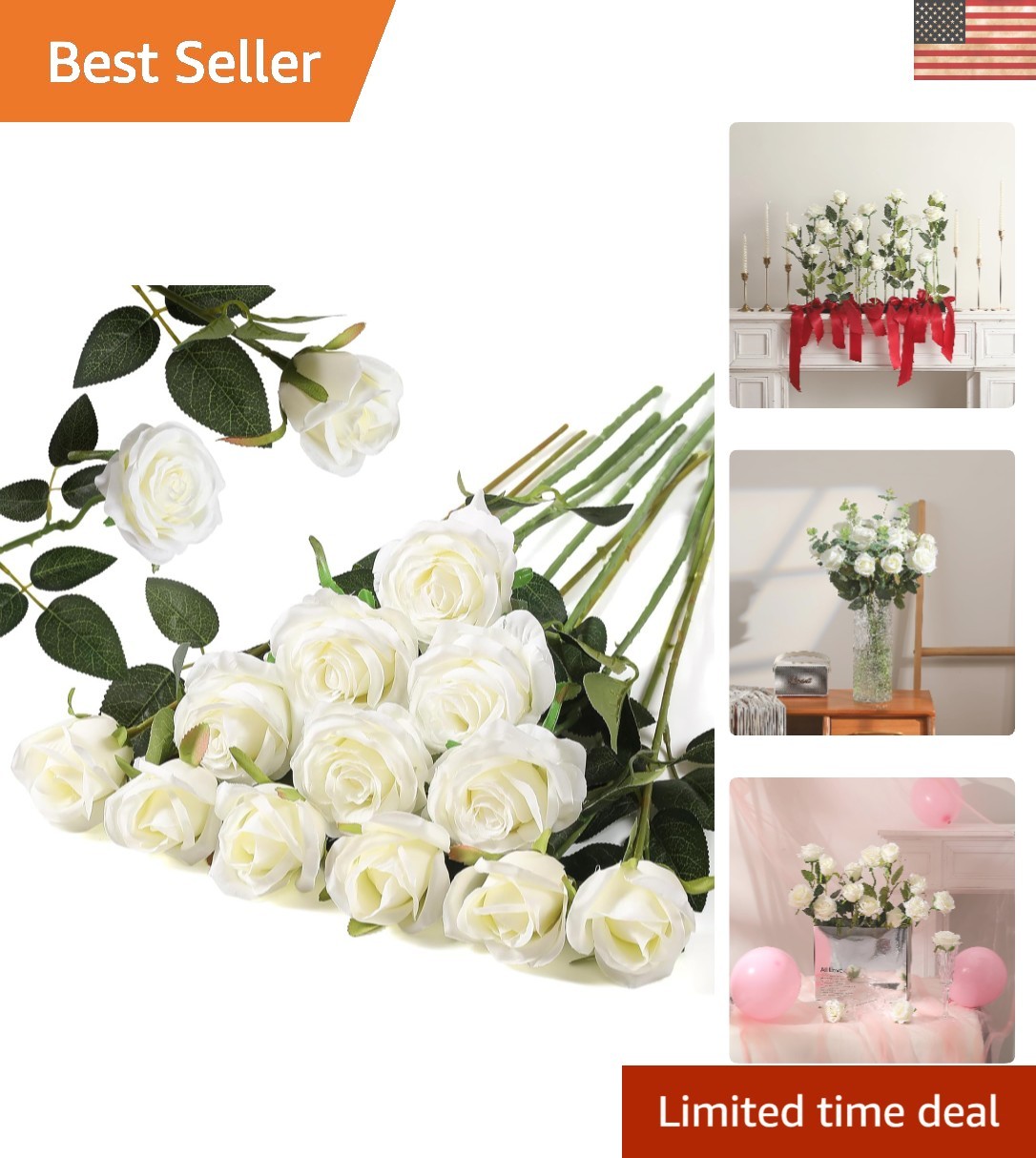 12PCS Long Stem Artificial Silk Roses Bouquet – Realistic Wedding Decor, White