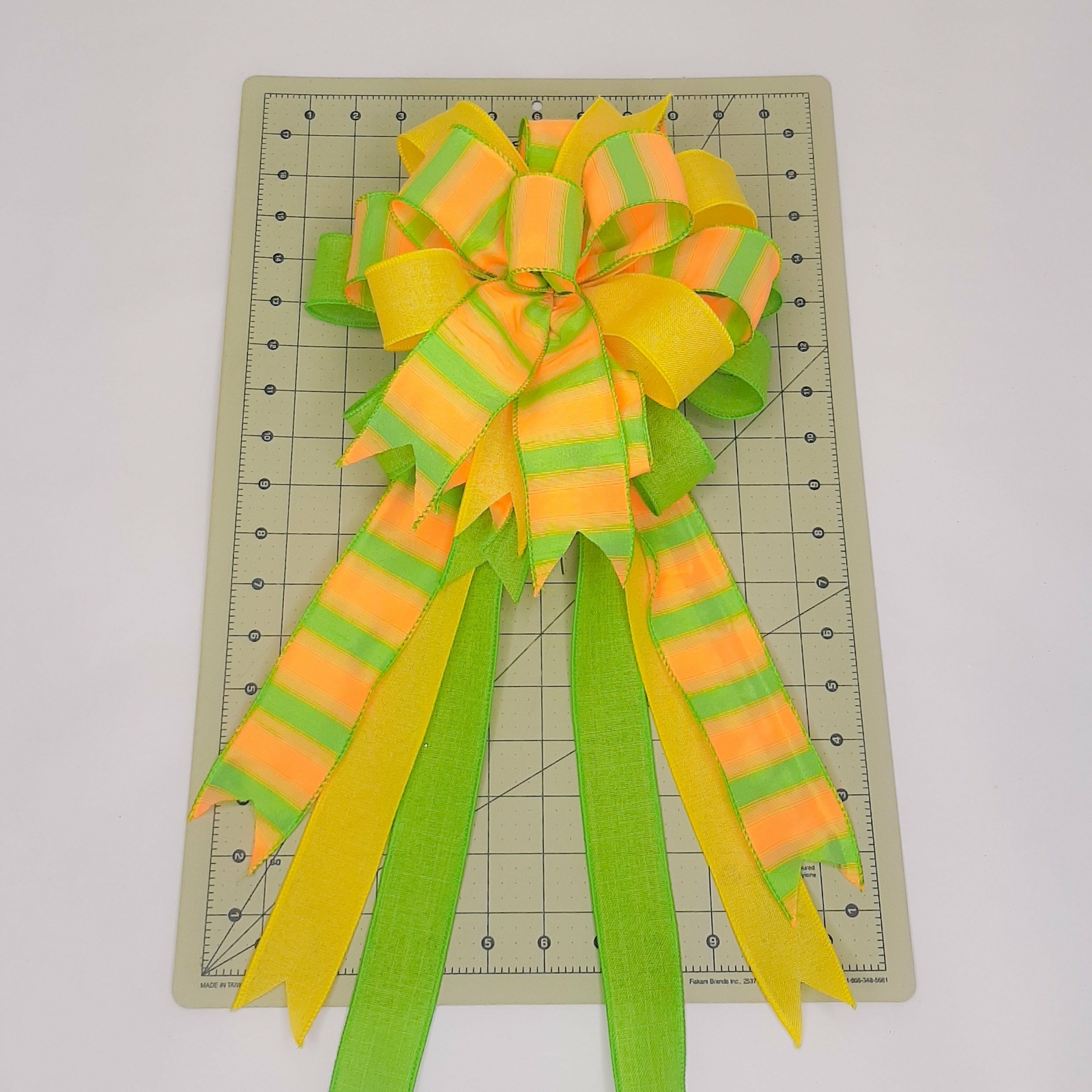 Spring Bow, Wreath Bow, Orange and Green Dupioni Stripes, Yellow and Green Linen