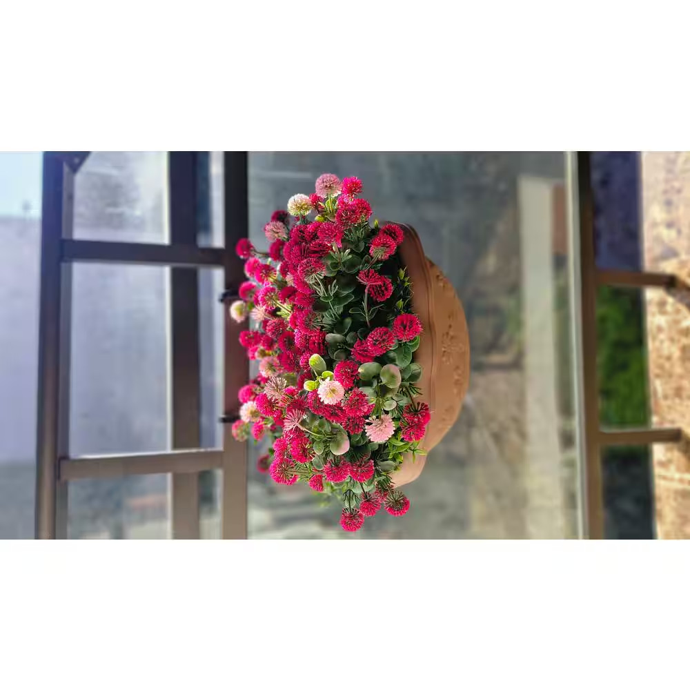 12 In. Pink and Red Indoor/Outdoor Artificial Chrysanthemum 8 In. Hanging Brown