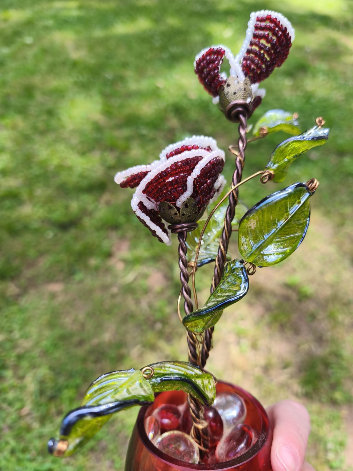 Vintage Handmade Beaded Rose Flower Arrangement Glass Vase Floral Decor