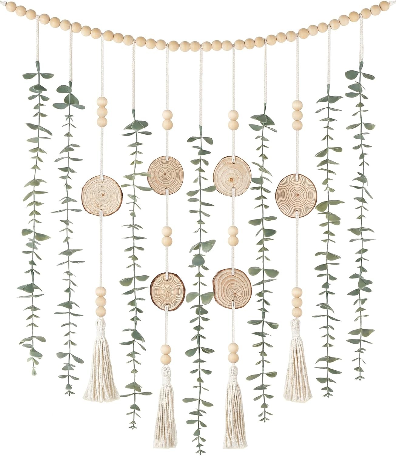 Hanging Artificial Plant Eucalyptus Wall Decor 31” Wooden Bead Garland W/ Fake