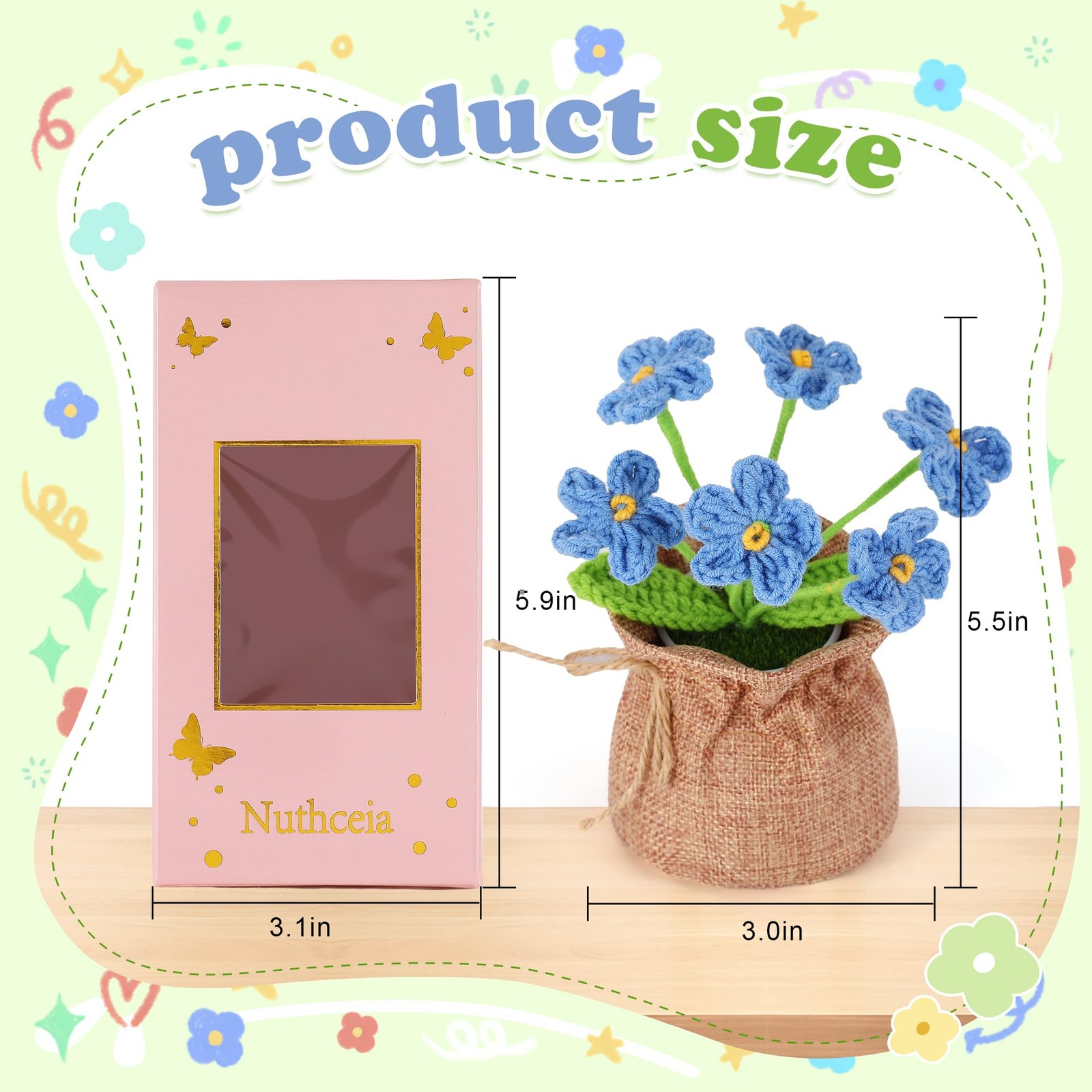 Crochet Flower Plant Empathetic Gift Women Men Desk Decor Blue Myosotis Home
