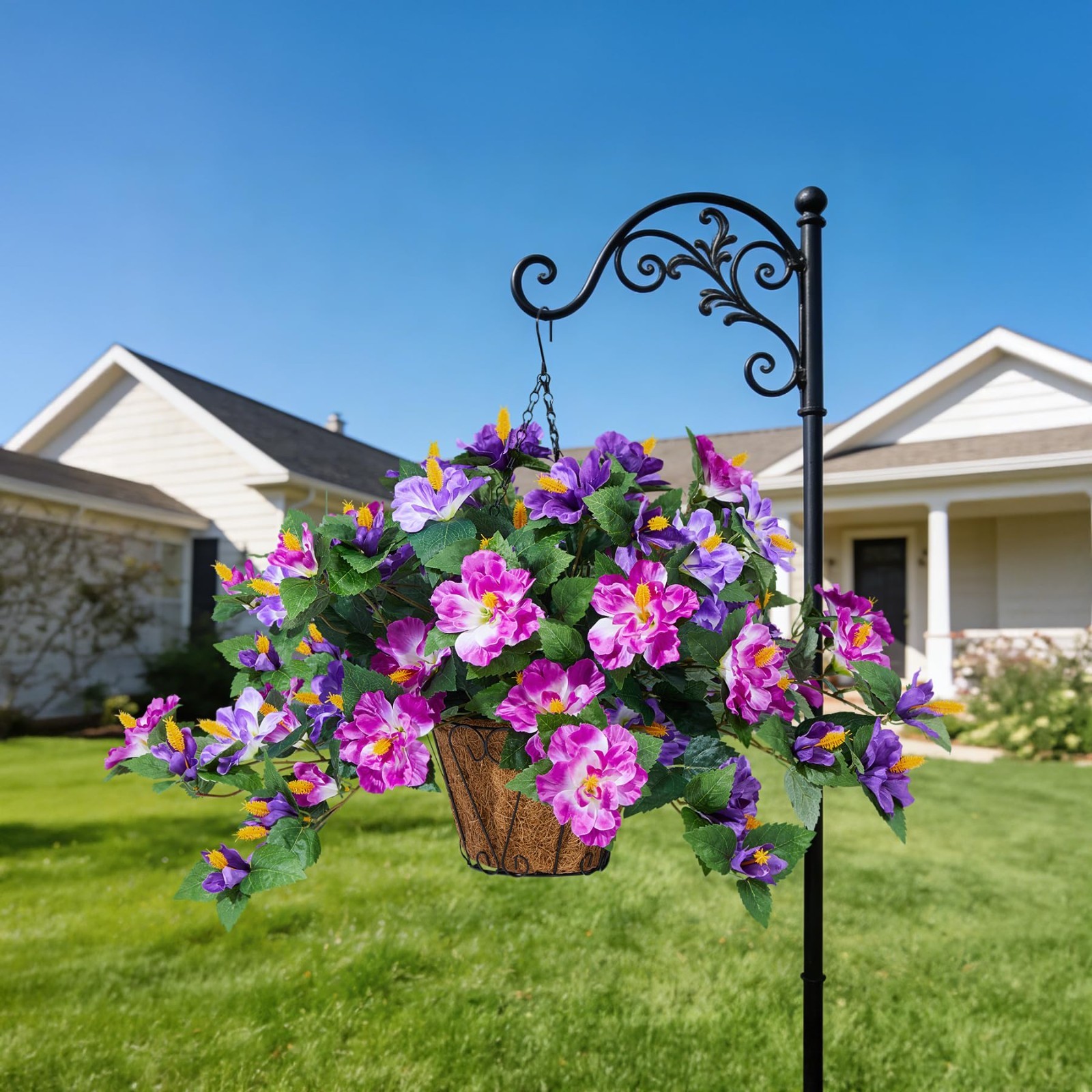 Realistic UV Resistant Fake Hibiscus Flowers – 3 Bunches with Hanging Basket for