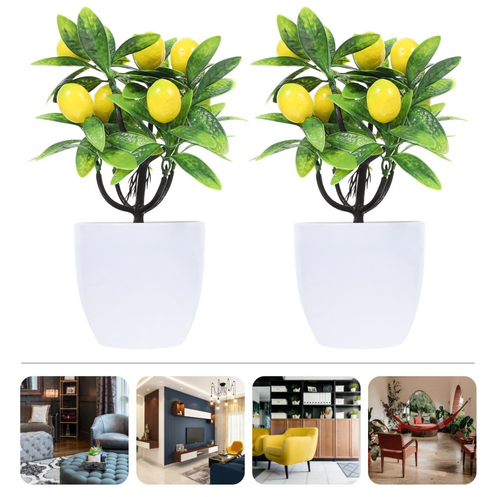 2Pcs Faux Lemon Tree Artificial Plant Yellow for Home Decor and Office Display