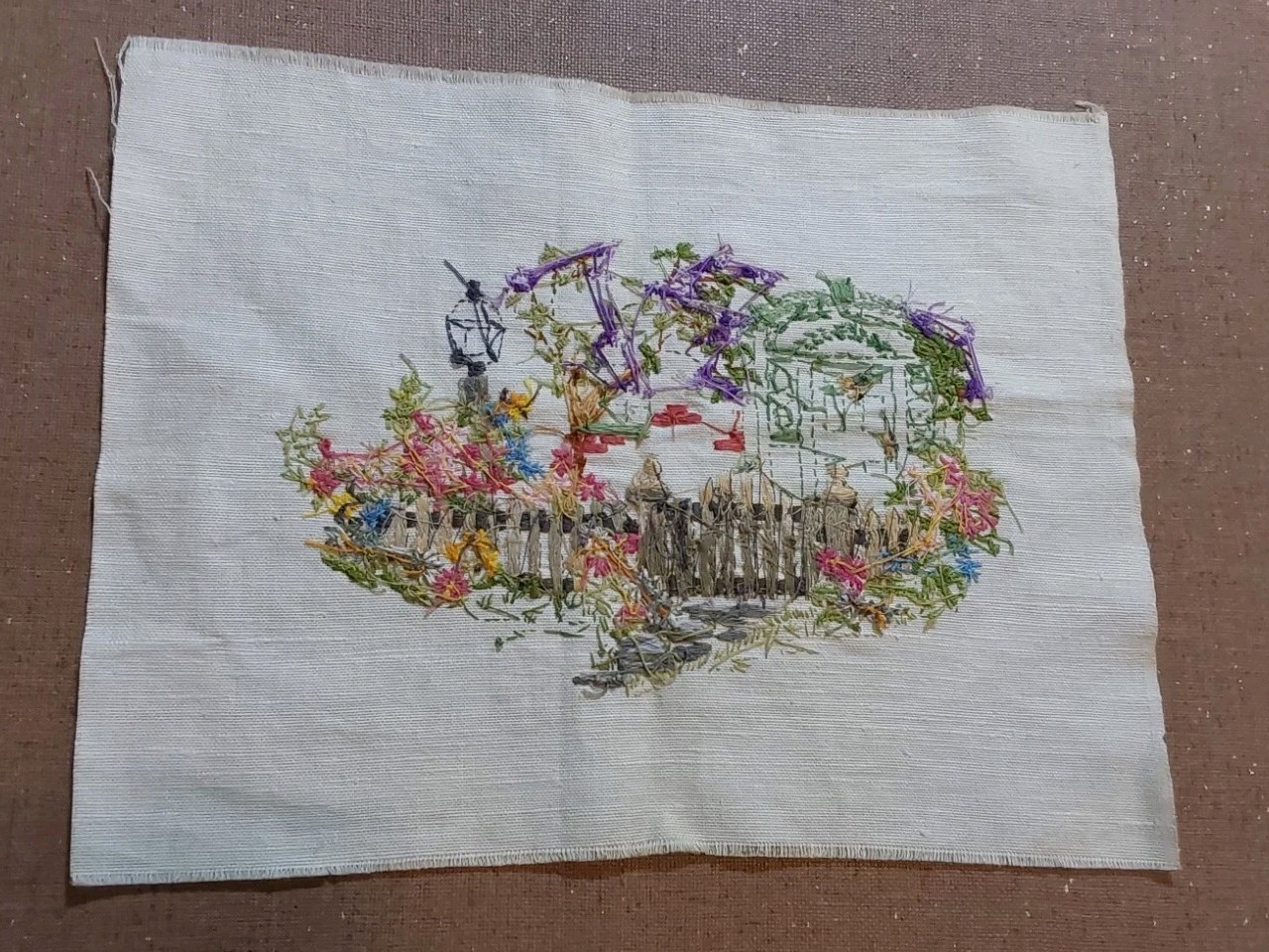 EMBROIDERED SCENE ●COTTAGE ENTRY ●Trees FENCE Florals ~15″ X 11.25″ HAND CREATED
