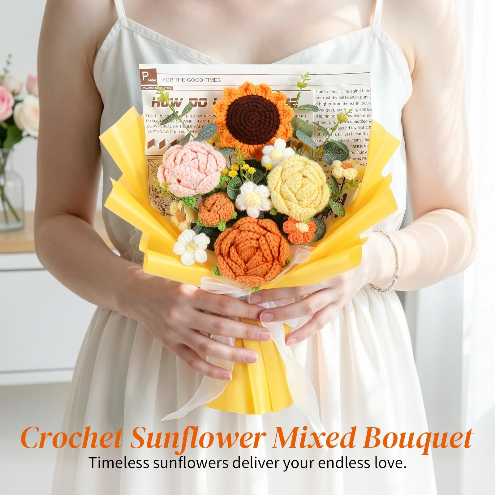 Crochet Flower Bouquet, Yellow Handmade Knitted Flowers, Crochet Sunflower Ro…