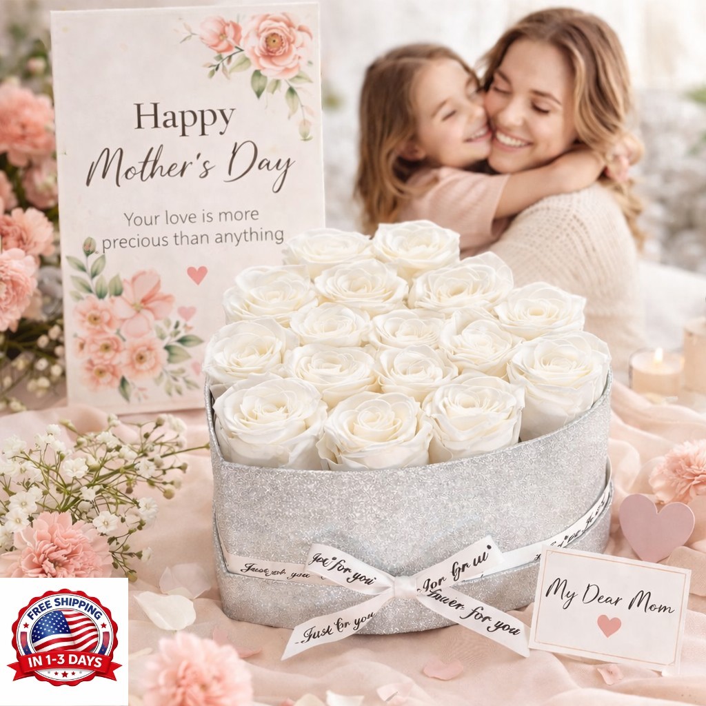 Forever Rose Gift Box – 16 Preserved Roses for Mom – Heart Shaped Elegant Gift