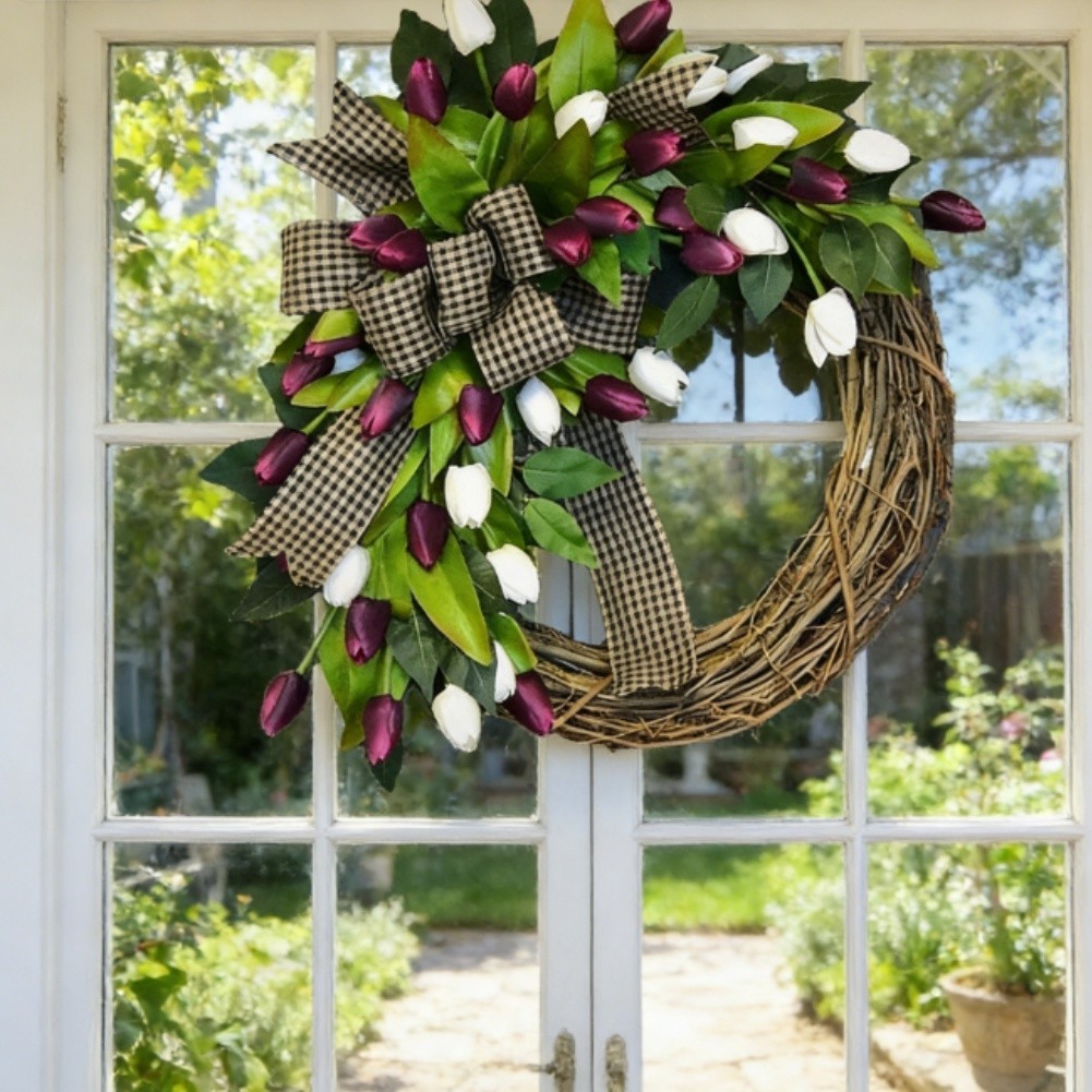 35cm Purple Tulip Wreath on Natural Rattan Base Spring Floral Home Decor