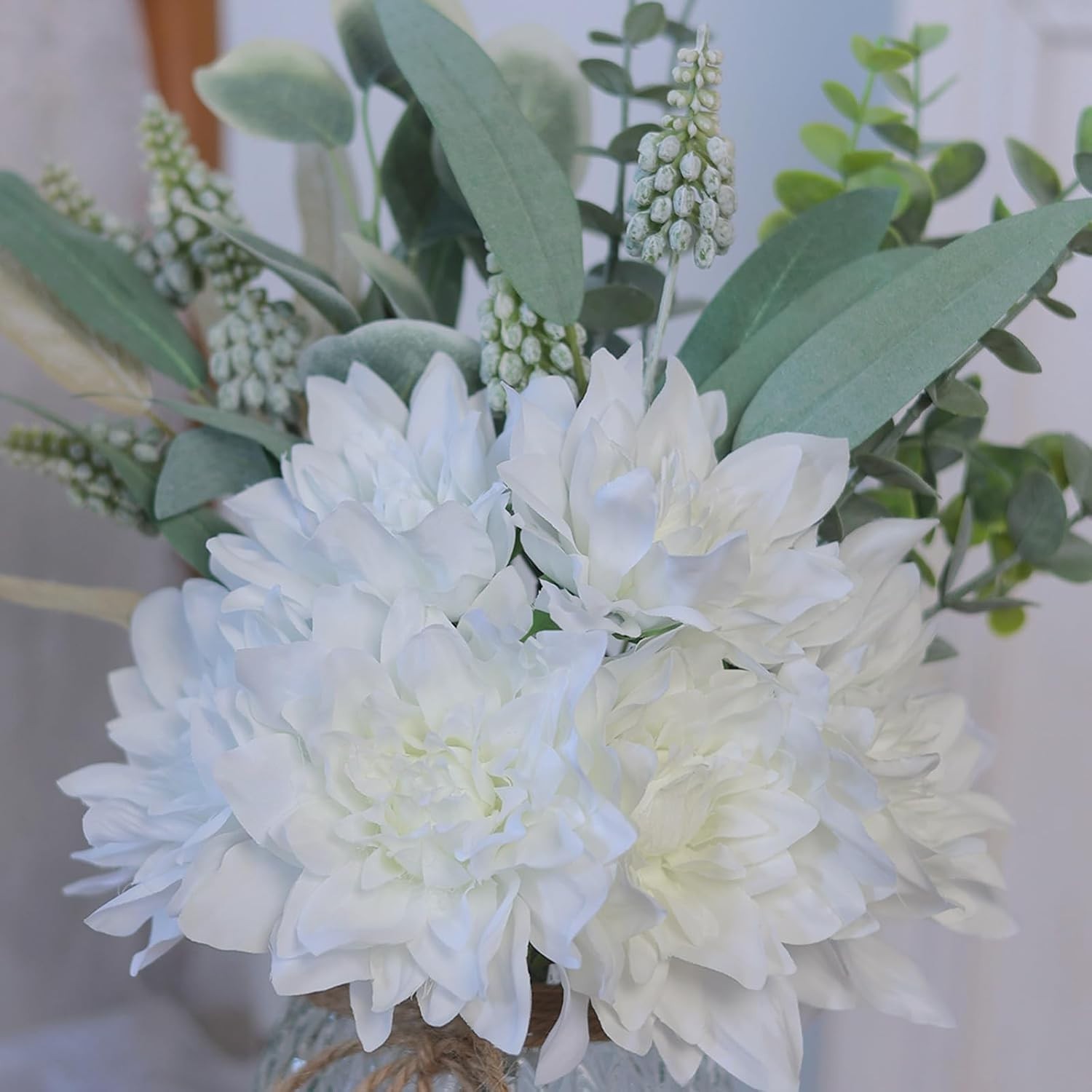 Beautiful Faux Dahlia and Eucalyptus Flowers in Vase – 14.5